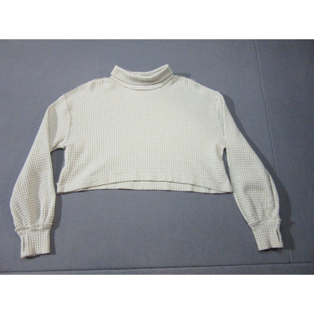 Free People Top Womens Small White Green Cropped Waffle Knit Turtleneck Boxy Fit